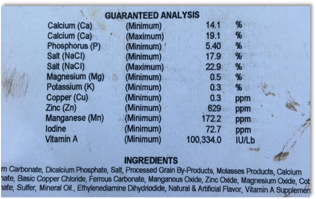 mineral tag containing very low levels of trace minerals and Vitamin A