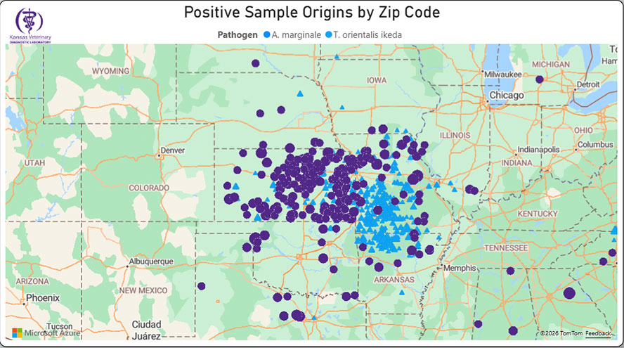click to enlarge map of anaplasmosis & theileriosis cases in us