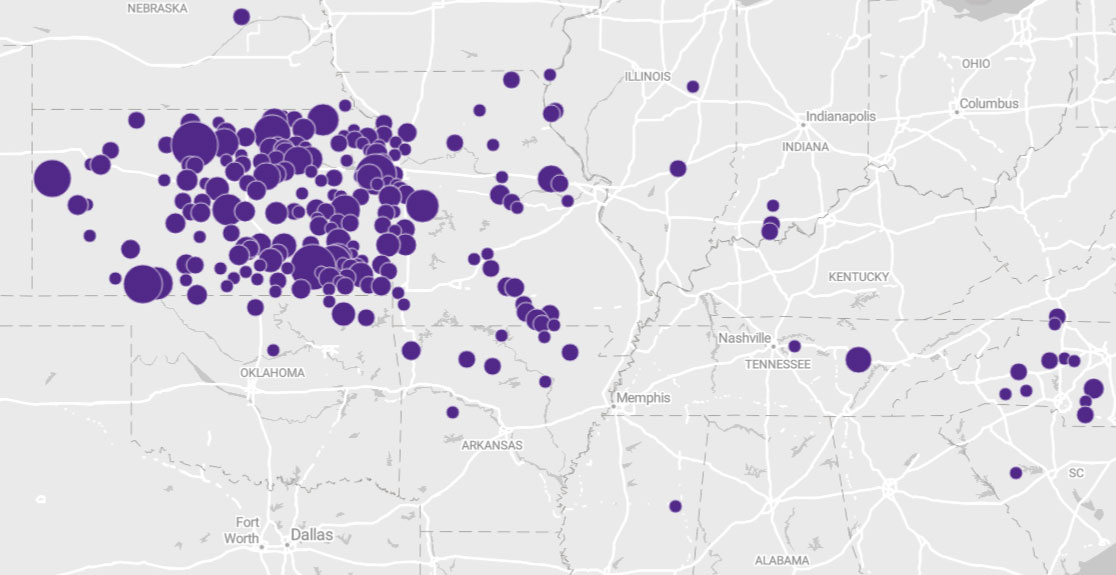 Map of the United States purple dots showing locations of BLV positive test results