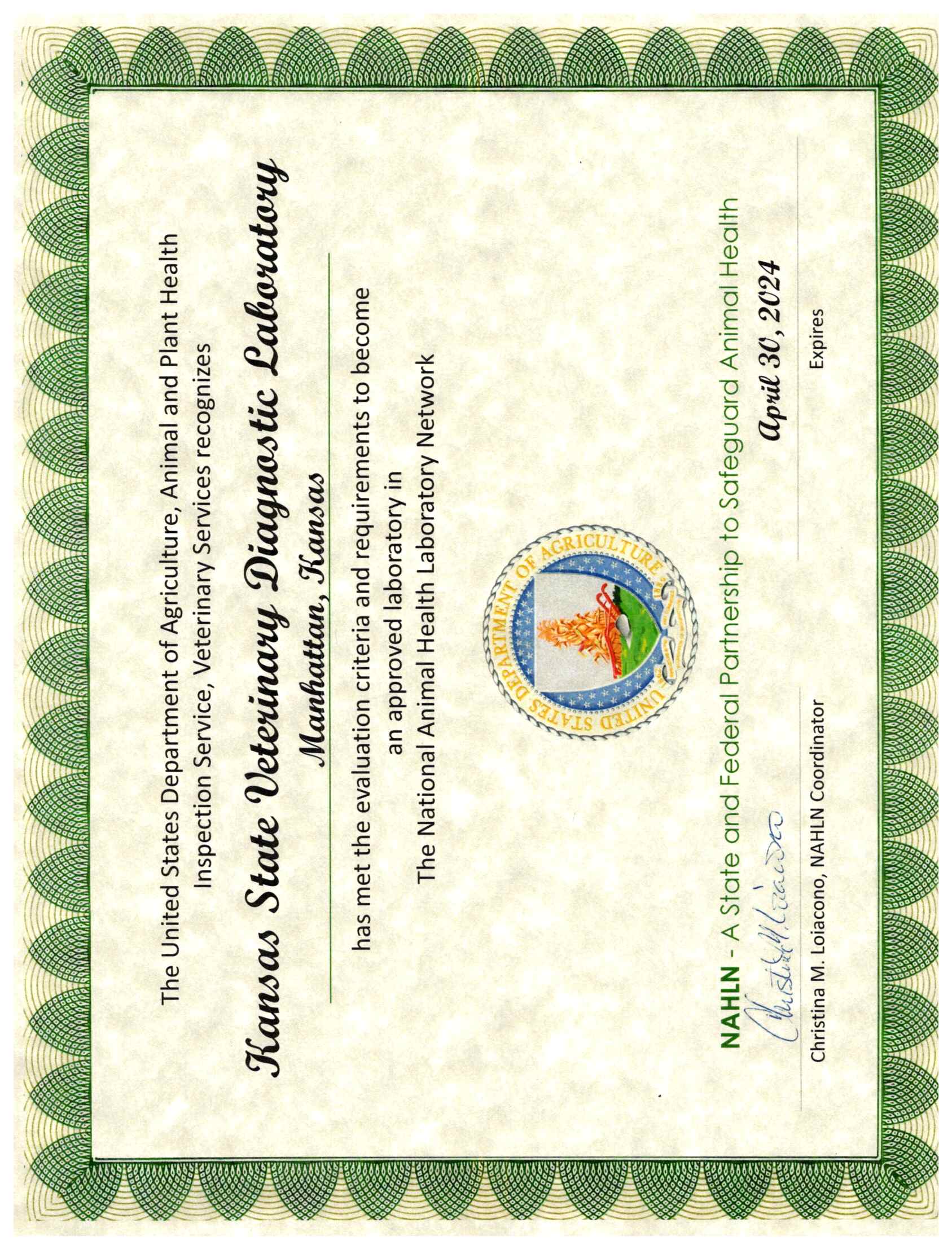 NAHLN approval certificate 2023-2024