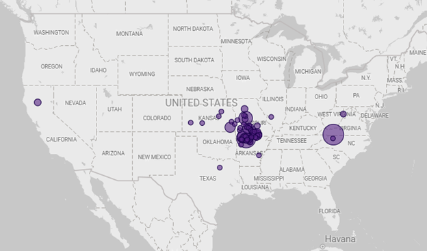 US map with state boundaries and spots show locations of theileria orientalis outbreaks